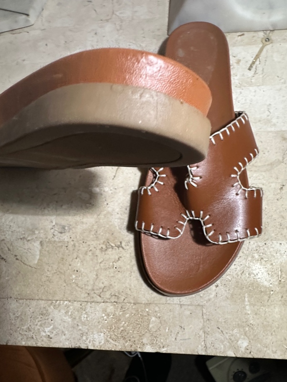 Brown Leather Slide Sandals with Contrast Stitching - Picture 3 of 3